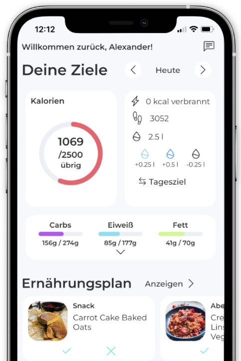 Coaching-App — Dashboard mit Kalorien, Makros und Ernährungsplan